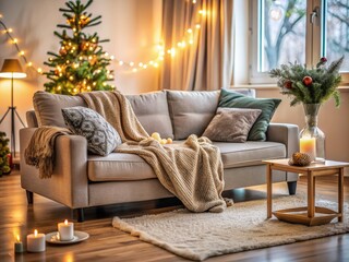 Cozy living room scene with a plush sofa, throws, and decorations, awaiting a subject to enjoy a relaxing moment with their smartphone.