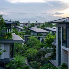 Fototapeta premium Serene Residential Oasis: Tranquil Modern Homes Amidst Lush Greenery, Set Against a Peaceful Gray Background