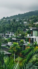 Fototapeta premium Serene Residential Oasis: Tranquil Modern Homes Amidst Lush Greenery, Set Against a Peaceful Gray Background