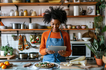 Young Afican American woman learning online cooking class via tablet computer in kitchen at home