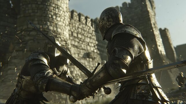 Two knights in full armor engage in a fierce sword fight in front of a medieval castle.