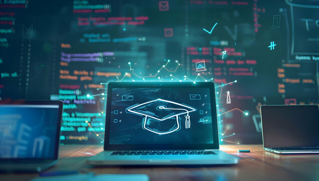 Laptop with a graduation cap hologram over it, representing online education and digital learning in a technological environment.