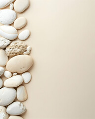 Minimalist composition of smooth pebbles and stones on a beige background, creating a serene and natural aesthetic.