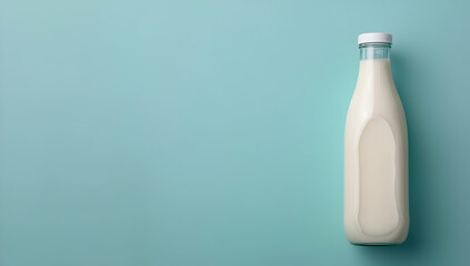 Minimalistic image of a glass bottle of milk on a light blue background, perfect for dairy and beverage themed projects and advertisements.