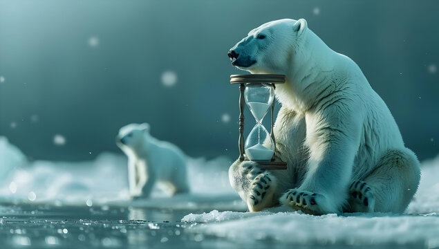 Polar bear holding an hourglass in icy landscape, highlighting climate change and the passage of time. Another bear in the background.