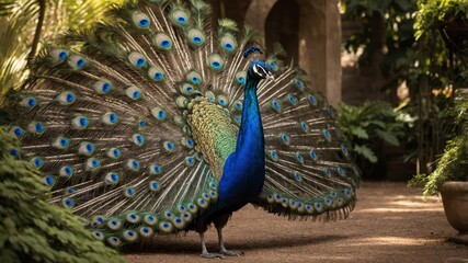 Obraz premium Majestic Peacock Spreading Feathers in Botanical Garden