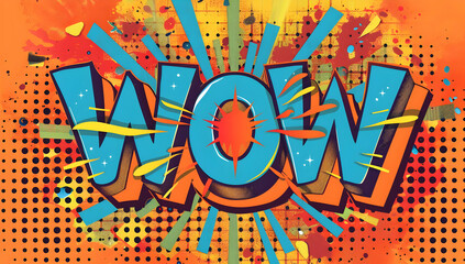Vibrant comic-style 'WOW' explosion with bright colors and dynamic effects on an orange background, perfect for pop art themes.