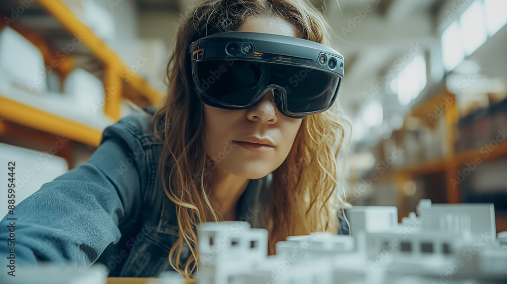 Poster team of designers using ar glasses in a modern workspace, seamlessly blending digital 3d models into