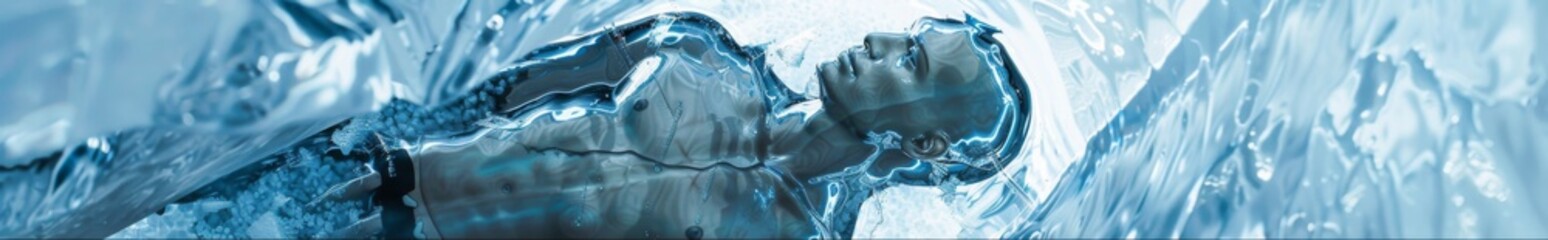 Aerial View of a Cryogenically Frozen Human Encased in Ice, Representing Cryonics and the Concept of Life Preservation Through Cryogenic Techniques.