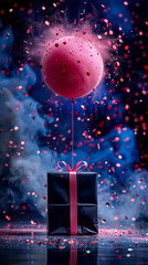 A black box with a red ribbon sits on a table with a pink balloon above it. The balloon is surrounded by a cloud of confetti, giving the scene a festive and celebratory mood