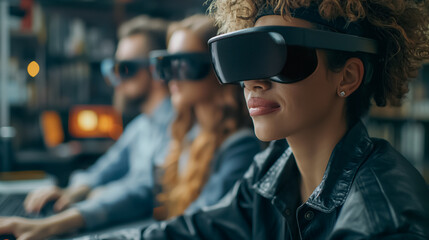 Team of designers using AR glasses in a modern workspace, seamlessly blending digital 3D models into the physical environment, high-tech and innovative setting.