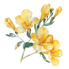 Fototapeta premium Watercolor Yellow Freesia Isolated on White Background. Beautiful Freesia Flower