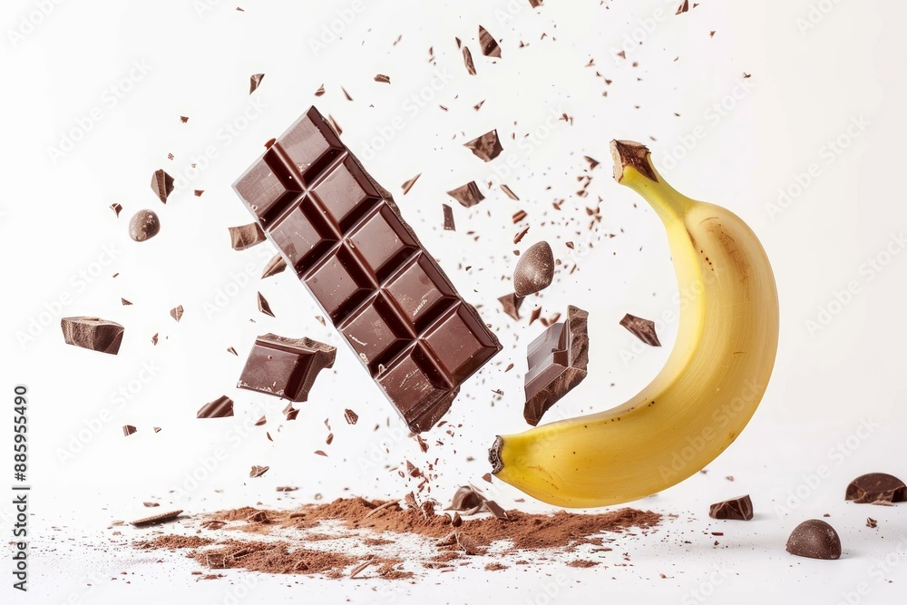 Poster chocolate bar exploding near a banana is creating a delicious mess on a white background