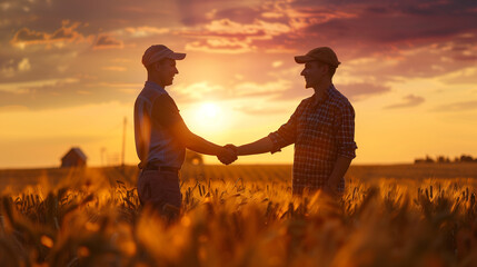 Two farmers shaking hands in corn field