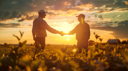 Two farmers shaking hands in corn field