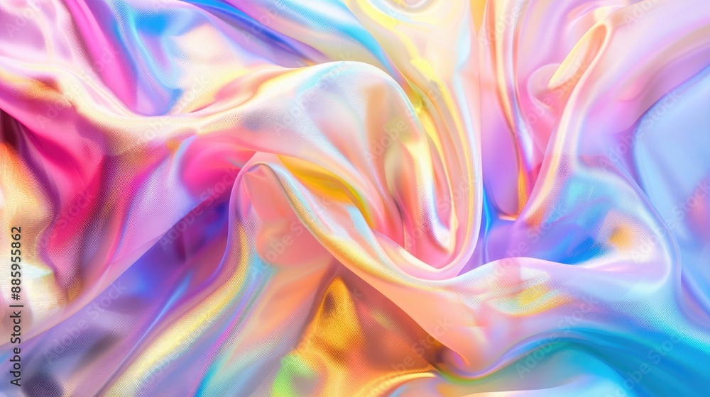 Wall mural iridescent fabric background featuring a pastel colorful spectrum of liquid flow, with bright, vibra