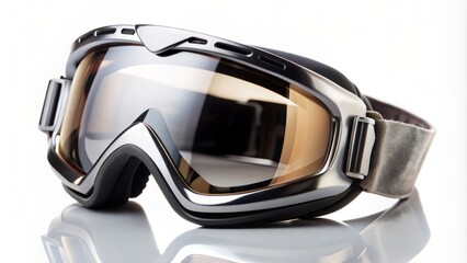 Fototapeta premium Close-up of sleek, shiny, black and silver ski goggles lying isolated on a pure white background with subtle reflections.