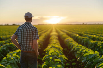 Rear view of senior farmer standing in soybean field examining crop at sunset