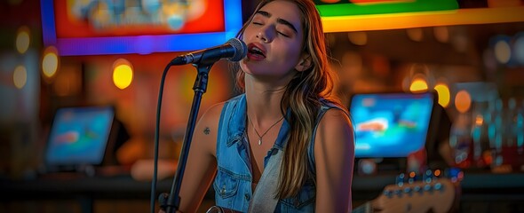 A female singer holding a guitar sings into a microphone in a bar background.