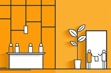 Modern office reception with staff and visitors, minimalist design, bright orange accents, and wall art.
