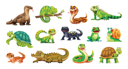 Obraz premium Set of reptiles and amphibians including iguana, chameleon, and snake. Vector cartoon illustration
