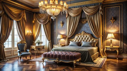 Opulent boudoir featuring lavish velvet drapes, gilded accents, and sumptuous golden lighting, exuding elegance and sophistication in a refined atmosphere.