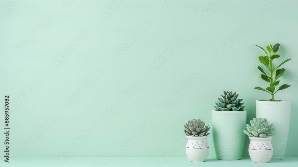 Poster light mint background with simple geometric patterns of flower pots