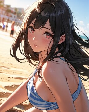 Charming bright girl with long black hair, bright red eyes, culottes, refreshing bikin warm sun kissing her fair skin and the soft sand at her feet