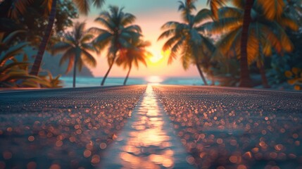 A paved road leads through a tropical beach at sunset, with palm trees silhouetted against the orange sky. - Powered by Adobe