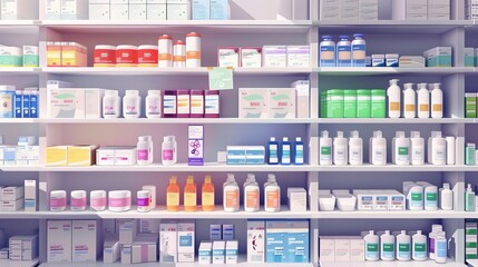 Vibrant Pharmacy Display Colorful Medication Packages on Organized Shelf
