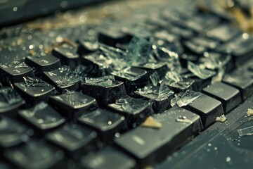 Close up of a broken computer keyboard covered in shards of glass