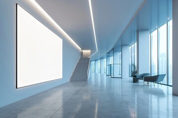 Futuristic and minimalistic office building entrance featuring a white blank wall designed as a large advertising screen.