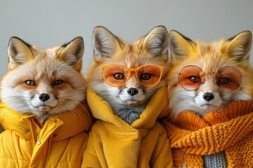 Obraz premium Foxy Fashionistas: A Colorful Group of Foxes in Vibrant Outfits, Isolated on Solid Background with Copy Space for Advertisements or Birthday Party Invites