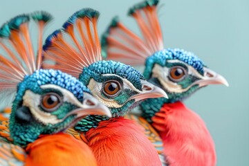 Fototapeta premium Vibrant Peacock Group in Fashionable Outfits for Birthday Party Invite or Advertisement with Solid Background and Copy Space