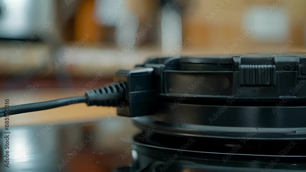 Poster a closeup of the electric plug and cord highlighting its location on the back of the crepe maker and