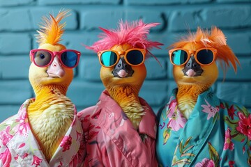 Fototapeta premium Flock of Fashionable Geese: Vibrant Group in Bright Outfits for Birthday Party Invites or Advertisements with Copy Space on Isolated Background