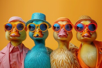 Fototapeta premium Fashionable Ducks in Vibrant Outfits for Birthday Party Invite with Copy Space on Solid Background