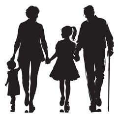 Child enjoying with grandfather and grandmother silhouette vector illustrator design.