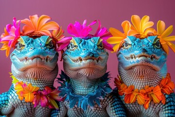 Vibrant Alligator Group in Fashionable Outfits for Advertisements, Birthday Invites, and More - Isolated on Solid Background with Copy Space
