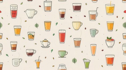 Warm taupe background with minimalist icons of hot drinks like coffee and tea