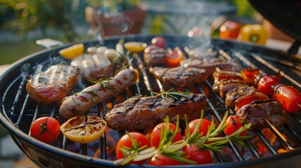 Summer barbecue with juicy meats and fresh vegetables on a smoky grill, creating a perfect atmosphere for a friendly gathering