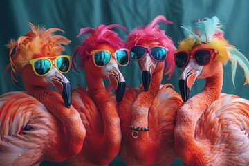 Flock of Fashionable Flamingos in Vibrant Outfits for Birthday Party Invitation or Advertisement with Copy Space