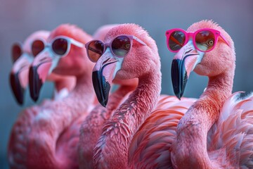Flock of Fashionable Flamingos in Vibrant Outfits for Birthday Party Invitation or Advertisement with Copy Space