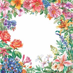 Fototapeta premium A vibrant watercolor burst of colorful garden flowers - roses, lilies, and jasmine - forming a whimsical frame on white.