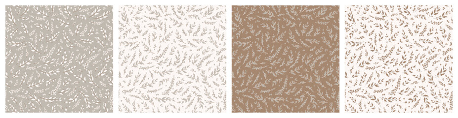 Set of four Floral Seamless Patterns. Ditsy Prints. Simple Small Flowers and Leaves. Branches of Lilac or Bird Cherry Flowers. Brown beige colors. Vector illustration