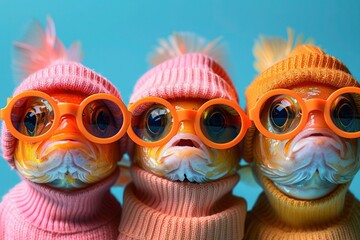 Colorful Trout Group in Fashionable Outfits for Birthday Party Invitation or Advertisement with Copy Space on Isolated Background