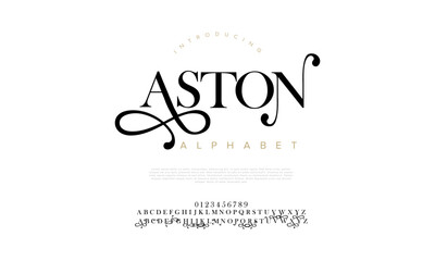 Aston swash luxury elegant alphabet letters and numbers. Vintage wedding typography classic serif font decorative vintage retro. creative vector illustration