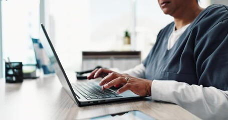 Nurse, typing and laptop for prescription in office, medical report and website for feedback with patient. Computer, hands and healthcare professional for results, email or female person for medicare - Powered by Adobe