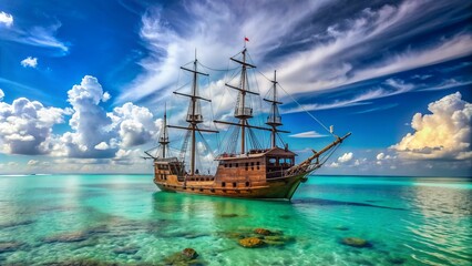 Fototapeta premium A majestic, worn, 17th-century-style pirate vessel sails solo through serene, turquoise Caribbean waters under a vibrant, cloudless blue sky.