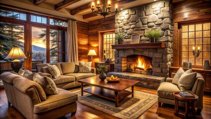 Cozy inviting living room with crackling stone fireplace, plush furniture, and warm wooden accents on a cold winter evening atmosphere.